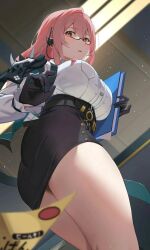  1girl glasses long_hair looking_down pink_hair tsukishiro_yanagi zenless_zone_zero 