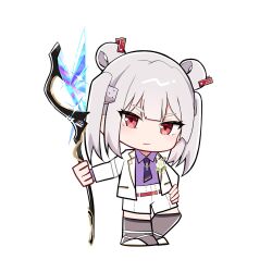  1girl blunt_bangs chibi chibi_only closed_mouth collared_shirt double_bun dress_shirt eyelashes full_body grey_hair grey_thighhighs hair_between_eyes hair_bun hand_on_own_hip heaven_burns_red highres holding holding_scythe jacket light_smile long_sleeves looking_at_viewer medium_hair necktie official_alternate_costume open_clothes open_jacket purple_necktie purple_shirt red_eyes rrtp scythe shirt shorts simple_background solo sparkle standing straight_hair suit suit_jacket thick_eyebrows thigh-highs tsurime twintails v-shaped_eyebrows white_background white_jacket white_shorts white_suit yamawaki_bon_ivar yamawaki_bon_ivar_(blue_sky_beyond_the_clouds) zettai_ryouiki 