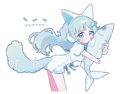 1girl animal_ear_hairband animal_ears bent_over blue_eyes blush blush_stickers cat_ear_hairband cat_ears cat_girl cat_tail closed_mouth commentary_request drawstring earmuffs fake_animal_ears fish fish_hair_ornament hair_ornament hairband hairclip highres holding holding_stuffed_toy long_hair looking_at_viewer niyu_(nennenkorori3) original shirt shorts solo stuffed_toy tail white_background white_shirt white_shorts