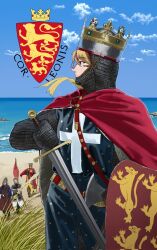  4boys armor axe beach belt blonde_hair cape chainmail clouds cloudy_sky commentary crown english_commentary fate/strange_fake fate_(series) flag grass helmet heraldry highres holding holding_flag holding_sword holding_weapon horse horseback_riding multicolored_hair multiple_boys profile pzkpfwi red_cape red_streaks richard_i_(fate) riding shield sky streaked_hair surcoat sword two-tone_hair unsheathed weapon 