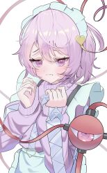  1girl apron chocolate_(pixiv105824816) closed_mouth commentary_request frilled_apron frills hands_up heart heart_of_string highres jacket jersey_maid komeiji_satori long_sleeves maid maid_apron maid_headdress pink_hair pink_jacket short_hair simple_background sleeve_cuffs sleeves_past_wrists solo third_eye touhou unconventional_maid upper_body white_apron white_background white_headdress zipper_pull_tab 