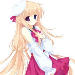  1girl 2000s_(style) blonde_hair blue_eyes blush borrowed_character commentary detached_sleeves english_commentary faux_retro_artstyle hat heart heart-shaped_pupils heterochromia highres jelly_(bonnybel) long_hair looking_at_viewer original pink_eyes pink_skirt pleated_skirt procreate_(medium) sailor_hat shirt simple_background skirt sleeveless sleeveless_shirt solo symbol-shaped_pupils very_long_hair white_background white_hat white_shirt 