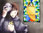  1boy batakopart2 blood blood_on_face brown_eyes brown_hair command_spell cross cross_necklace fate/zero fate_(series) jewelry kotomine_kirei male mask necklace 