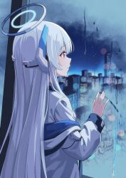  1girl absurdres blue_archive building city_lights cityscape commentary_request condensation from_side glass halo hand_on_window headgear highres indoors jacket jacket_partially_removed long_hair long_sleeves looking_ahead mechanical_halo night noa_(blue_archive) shishidonagi skyscraper solo two-sided_fabric two-sided_jacket upper_body violet_eyes water_drop white_hair white_halo white_jacket window window_fog 