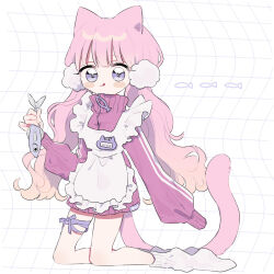  1girl :q animal animal_ears apron blunt_bangs blush_stickers cat_ears cat_girl cat_tail closed_mouth commentary_request fish frilled_apron frills full_body grid_background hair_ornament highres holding holding_animal holding_fish jacket kneeling long_hair long_sleeves looking_at_viewer niyu_(nennenkorori3) no_shoes original pink_hair pom_pom_(clothes) pom_pom_hair_ornament ribbed_socks sleeves_past_fingers sleeves_past_wrists smile socks solo tail tongue tongue_out track_jacket twintails violet_eyes white_apron white_background white_socks 