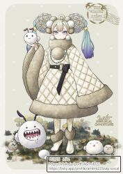  1girl =_= ahoge amatsu_mito artist_name belt black_belt bluesky_username boots brown_background brown_boots brown_dress brown_pantyhose center-flap_bangs closed_mouth creature dated double_bun dress drooling earrings floral_print floral_print_pantyhose full_body fur-trimmed_boots fur-trimmed_dress fur-trimmed_sleeves fur_trim grass hair_bun hair_ornament high_heel_boots high_heels highres holding holding_creature huge_hair_bun jewelry looking_at_viewer necklace original pantyhose pom_pom_(clothes) pom_pom_earrings pom_pom_hair_ornament print_pantyhose saliva sharp_teeth signature single_sleeve_past_fingers single_sleeve_past_wrist solo tassel tassel_hair_ornament teeth twitter_username violet_eyes wide_sleeves x_x 