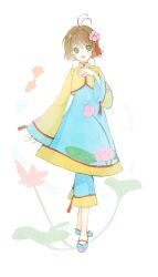  1girl antenna_hair blue_dress blue_pants blue_shoes brown_hair cardcaptor_sakura chinese_clothes collared_jacket commentary_request dot_nose dress fish flats floral_print flower flying_fish full_body green_eyes hair_flower hair_intakes hair_ornament hand_on_own_chest happy high_collar highres jacket kinomoto_sakura kinomoto_sakura_(lotus) koi layered_sleeves light_blush lily_pad long_sleeves lotus mandarin_collar miqing open_mouth pants pants_under_dress pink_flower print_dress print_shoes print_sleeves shoes short_dress short_hair_with_long_locks sidelocks smile solo standing tareme tassel tassel_hair_ornament water_drop white_background wide_sleeves yellow_jacket 