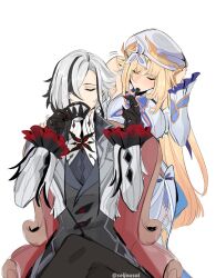  2girls arlecchino_(genshin_impact) black_hair blonde_hair chair closed_eyes coat commentary cup english_commentary genshin_impact grey_coat hat highres holding holding_cup holding_spoon long_hair multicolored_hair multiple_girls nicole_reeyn on_chair red_nails seijousai sitting spoon streaked_hair teacup two-tone_hair white_hair white_hat 