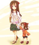  age_difference bad_id bag blush bow brown_eyes brown_hair child flower hair_bow hakurei_reimu high_heels mother_and_daughter multiple_girls open_mouth sendou_asasuzu shoes skirt touhou 