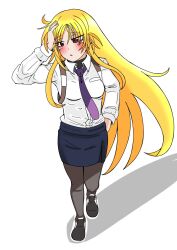  1girl black_pantyhose blonde_hair blue_skirt curtained_hair fate_testarossa floating_hair floating_neckwear full_body hand_in_pocket hand_on_own_head highres kamiya_nogami long_hair long_sidelocks lyrical_nanoha mahou_shoujo_lyrical_nanoha_exceeds:_gun_blaze_vengeance necktie pantyhose parted_bangs parted_lips pencil_skirt purple_necktie red_eyes shadow shirt sidelocks skirt solo very_long_hair white_shirt 