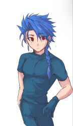  1boy aged_down blue_gloves blue_hair blue_pants blue_shirt braid child closed_mouth commentary_request covered_collarbone covered_pectorals cowboy_shot cu_chulainn_(fate) earrings eyes_visible_through_hair fate/grand_order fate_(series) gloves hair_between_eyes hand_on_own_hip highres jewelry long_hair looking_at_viewer low-braided_long_hair low-tied_long_hair male_focus nedameman pants pectorals red_eyes setanta_(fate) shirt short_sleeves simple_background single_braid single_glove solo spiky_hair standing t-shirt white_background 