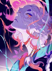  1boy absurdres adam's_apple artist_name commentary facial_mark flower gekijouban_mononoke head_back highres kusuriuri_(mononoke) lipstick long_neck makeup male_focus mononoke parted_bangs pointy_ears primsheep profile purple_lips solo upper_body white_hair yellow_eyes 