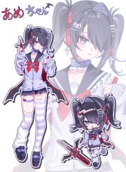 1girl :o absurdres ame-chan_(needy_girl_overdose) artist_collaboration backpack bag black_hair black_sailor_collar black_shoes black_skirt black_wings bow bowtie boxcutter cardigan cat_hair_ornament chibi chibi_inset collar decora_(decopining) garter_straps hair_ornament hair_over_one_eye hair_ribbon hairclip highres holding holding_boxcutter holding_strap leg_warmers long_hair low_wings needy_girl_overdose parted_lips pien_cat_(needy_girl_overdose) purple_cardigan purple_collar purple_thighhighs razor_blade_hair_ornament red_bag red_bow red_bowtie red_ribbon ribbon sailor_collar school_uniform serafuku shirt shoes single_garter_strap single_leg_warmer skirt striped_clothes striped_thighhighs thigh-highs twintails white_leg_warmers white_shirt wings