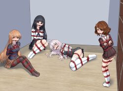  4girls alisa_mikhailovna_kujou arms_behind_back ball_gag bdsm black_hair black_shirt black_skirt blazer blonde_hair blue_eyes blurry blush bondage bound bound_ankles bound_arms bound_legs bound_thighs bound_torso bound_wrists bow bowtie box_tie breasts brown_eyes brown_hair brown_pantyhose brown_serafuku brown_shirt brown_skirt buttons chitanda_eru collared_shirt commentary_request crossed_bangs curtains dot_nose double-breasted full_body gag gagged grey_hair grey_jacket hair_between_eyes hair_ribbon hibike!_euphonium highres hyouka indoors jacket kamiyama_high_school_uniform_(hyouka) kitauji_high_school_uniform kneehighs loafers long_hair long_sleeves looking_at_viewer lying miniskirt multiple_girls n17 neckerchief open_clothes open_jacket open_mouth otonari_no_tenshi-sama_ni_itsu_no_mani_ka_dame_ningen_ni_sarete_ita_ken oumae_kumiko pantyhose plaid_clothes plaid_skirt pleated_skirt red_bow red_bowtie red_neckerchief red_rope restrained ribbon rope sailor_collar school_uniform seiren_academy_school_uniform serafuku shibari shibari_over_clothes shiina_mahiru_(otonari_no_tenshi-sama) shirt shoes short_hair sitting skirt smile socks solo thigh-highs thighband_pantyhose thighs tokidoki_bosotto_roshia-go_de_dereru_tonari_no_alya-san very_long_hair violet_eyes white_sailor_collar white_shirt white_socks white_thighhighs winter_uniform yellow_eyes 