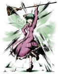  animal_ears arm_up bobby_socks broom dress emphasis_lines fang full_body gesturing green_background green_eyes green_hair hand_on_hip hips kasodani_kyouko long_sleeves looking_at_viewer milksea on_one_leg open_mouth pink_dress shoes short_hair socks solo standing standing_on_one_leg teeth touhou white_background wink 