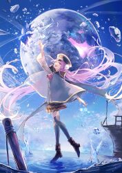  1girl :d absurdres arm_up bird black_cape black_hat boots broken_glass brown_boots brown_skirt bun_cover canon_event cape commentary double_bun film_grain floating_hair full_body glass hair_bun hat heaven_burns_red highres hydroxy_122 jacket kunimi_tama long_hair long_sleeves military_hat miniskirt open_mouth peaked_cap pigeon pink_eyes pink_hair plaid_clothes plaid_skirt pleated_skirt ribbon ripples ship shirt skirt smile solo standing standing_on_one_leg thigh-highs very_long_hair water water_drop watercraft white_bird white_shirt white_thighhighs wide_sleeves wind zettai_ryouiki 
