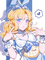  1girl animal_ears animal_print apron argyle_bow argyle_bowtie argyle_choker argyle_clothes artist_name back_bow black_bow black_choker blonde_hair blue_background blue_bow blue_bowtie blue_eyes blue_skirt blushbunny_(infinity_nikki) bow bow_choker bowtie brooch chinese_commentary choker collared_shirt commentary_request cowboy_shot diamond_print double_v expressionless eyes_visible_through_hair fake_animal_ears fingernails floppy_ears frilled_sleeves frilled_wrist_cuffs frills hair_bow heart heart_brooch high-waist_skirt highres infinity_nikki jewelry kuailexiugou26929 lace-trimmed_choker lace-trimmed_shirt lace_trim long_hair looking_at_viewer multicolored_eyes nikki_(series) outline parted_bangs plaid_apron plaid_clothes print_bow print_shirt puffy_short_sleeves puffy_sleeves rabbit_ears rabbit_print rewound_daydream_(infinity_nikki) shadow shirt short_sleeves skirt solo speech_bubble spoken_heart standing two-tone_background two-tone_bow two-tone_eyes v violet_eyes waist_apron waist_bow wavy_hair white_apron white_background white_bow white_outline white_shirt white_wrist_cuffs wrist_cuffs 