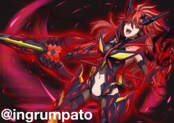  1girl :d amou_kanade arm_up aura big_hair clothing_cutout dark_aura double-parted_bangs evil_smile floating_hair hair_between_eyes highres holding holding_polearm holding_weapon kyomeihibiki lance long_hair navel navel_cutout open_mouth polearm red_aura red_eyes red_hair senki_zesshou_symphogear smile solo symphogear_pendant twitter_username undersuit upper_body very_long_hair weapon 
