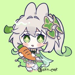  1girl akt_eak animal_ears armlet bloomers blush braid cape carrot chibi chibi_only colored_tips commentary_request cross-shaped_pupils detached_sleeves dress genshin_impact gold green_background green_cape green_dress green_eyes green_hair green_sleeves hair_intakes hair_ornament half_crown_braid holding holding_carrot jewelry leaf leaf_hair_ornament long_hair looking_at_viewer multicolored_hair nahida_(genshin_impact) open_mouth rabbit_ears rabbit_girl side_ponytail sidelocks socks solo stirrup_footwear symbol-shaped_pupils tareme twitter_username two-sided_dress two-sided_fabric white_bloomers white_dress white_hair white_socks 