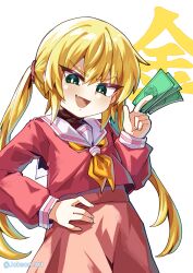  1girl absurdres blonde_hair blue_eyes commentary_request dress hakuo_school_uniform hand_on_own_hip hayate_no_gotoku! highres holding holding_money mixed-language_commentary money neckerchief pink_dress pink_shirt sailor_collar sanzen'in_nagi school_uniform serafuku shirt simple_background sleepyowl_(jobkung15) smile solo twintails white_background white_sailor_collar winter_uniform yellow_neckerchief 