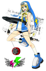  1boy ankle_boots arms_at_sides barcode bare_shoulders bike_shorts black_gloves blonde_hair blue_boots blue_eyes blue_veil blue_vest boots bridget_(guilty_gear) cross cross_print fingerless_gloves floating_veil foot_up_heel_up full_body gloves groin_tendon guilty_gear guimpe halftone heart invisible_floor latin_cross lightning_bolt_symbol long_sidelocks male_focus mars_symbol neck_ribbon norokome nun nun_headdress object_belt open_mouth print_wrist_cuffs ribbon shirt sidelocks smile socks solo standing standing_on_one_leg star_(symbol) teeth trap two-sided_veil upper_teeth_only veil vest white_background white_shirt white_socks white_trim yellow_ribbon yo-yo 
