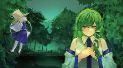  2girls album_cover black_shoes blonde_hair blue_hairband breasts brown_hat chakram closed_mouth commentary_request cover detached_sleeves eneshi forest frog_hair_ornament green_eyes green_hair hair_ornament hair_ribbon hair_tubes hairband hat highres holding holding_weapon kochiya_sanae long_hair long_sleeves looking_at_viewer moriya's_iron_rings moriya_suwako multiple_girls nature outdoors pantyhose purple_skirt purple_vest red_ribbon reitaisai ribbon shoes single_hair_tube skirt skirt_set smile snake_hair_ornament touhou tree tress_ribbon vest weapon white_pantyhose wide_sleeves 