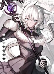  1girl absurdres animal_ears archon_mark black_dress black_gloves blind cat_ears cat_girl cat_tail commentary_request dress facial_mark feather_hair_ornament feathers final_fantasy final_fantasy_xiv fingerless_gloves fur-trimmed_dress fur_trim gloves hair_ornament highres holding holding_weapon mage_staff miqo'te moiti110 neck_tattoo simple_background smile staff tail tattoo teeth weapon whisker_markings white_hair white_tail y'shtola_rhul 
