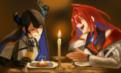  2girls absurdres ahoge arkhein black_gloves black_hair black_horns black_vest blue_fire blue_hair candle candlestand closed_eyes colored_inner_hair cup dress drinking_glass elizabeth_rose_bloodflame elizabeth_rose_bloodflame_(1st_costume) fire fire_on_chest food gloves grin highres hololive hololive_english horns huge_ahoge long_hair multicolored_hair multiple_girls nerissa_ravencroft nerissa_ravencroft_(1st_costume) open_mouth plate red_hair shirt smile table teeth vest violet_eyes virtual_youtuber white_dress white_shirt wine_glass wooden_table 