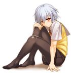  akanagi arm_support ben-tou black_legwear blush brown_eyes feet hand_on_knee legs pantyhose short_hair silver_hair sitting smile solo sweater_vest white_background yarizui_sen 