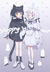  2girls @_@ absurdres animal_ears black_dress black_hair black_shoes black_socks blunt_bangs blush_stickers candle cat_ears cat_girl cat_tail closed_mouth commentary_request dress drooling full_body ghost gradient_background grey_background grey_dress hand_up happy_halloween highres loafers long_hair long_sleeves multiple_girls niyu_(nennenkorori3) original parted_lips shoes short_dress sleeves_past_fingers sleeves_past_wrists socks standing star_(symbol) tail twintails violet_eyes white_hair white_shoes white_socks yellow_eyes 