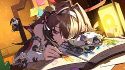  1girl absurdres animal_ears bare_shoulders belle_(delicate_sunlight)_(zenless_zone_zero) belle_(zenless_zone_zero) book brown_hair chinese_commentary commentary_request detached_sleeves drawing_(action) fox_ears hair_intakes hair_over_one_eye hairband highres hyny ju_fufu lantern long_hair mini_person open_book pan_yinhu paper_lantern red_eyes smile white_hairband wise_(soaring_crane)_(zenless_zone_zero) wise_(zenless_zone_zero) ye_shiyuan ye_shunguang yixuan_(zenless_zone_zero) zenless_zone_zero 