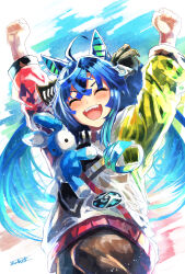  1girl absurdres ahoge animal_ears arms_up blue_hair blush brown_leggings closed_eyes coat commentary_request crossed_bangs drawstring highres hood hooded_coat hoodie horse_ears horse_girl leggings long_hair long_sleeves multicolored_coat multicolored_hair multicolored_hoodie open_mouth sharp_teeth smile solo stuffed_animal stuffed_rabbit stuffed_toy teeth twin_turbo_(blast_mode!_turbo_engine)_(umamusume) twin_turbo_(umamusume) twintails umamusume ya-ya 