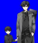  black_eyes black_hair blue_background child emiya_kiritsugu fate/zero fate_(series) hand_holding holding_hands kotomine_kirei male mmm_ss multiple_boys muted_color simple_background time_paradox young 