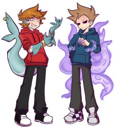  2boys abyss_(roblox) alternate_species animification antenna_hair arm_fins black_pants black_shoes blue_hoodie bound bracelet brown_hair ccai25 chain checkered_shoes chinese_commentary claws colored_extremities commentary_request drawstring eddsworld fins fish_boy fish_tail flipped_hair frown full_body gills gold_bracelet grin hair_behind_ear hair_ears head_fins highres hollow_eyes hood hood_down hoodie jewelry long_sleeves looking_at_viewer magic_bondage male_focus monster_boy monsterification multiple_boys pants red_hoodie roblox shark_boy shark_tail shoes short_hair simple_background smile sneakers spiky_hair standing tail tentacles tied_up_(nonsexual) tom_(eddsworld) tord_(eddsworld) white_background white_eyes 