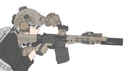  1girl assault_rifle backpack bag black_shirt bulletproof_vest chest_rig earphones extended_magazine finger_on_trigger glasses gloves gun helmet highres holding holding_weapon lauging_man_(shun_a_t_i_o) leaning_forward magazine_(weapon) night_vision original rifle scope shirt simple_background solo weapon weapon_request white_background white_hair 