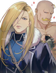  1boy 1girl alex_louis_armstrong amestris_military_uniform belt bin_(binonep) black_coat blonde_hair blue_eyes blue_jacket clenched_hand closed_mouth coat collarbone fullmetal_alchemist hand_up highres jacket lips long_hair looking_at_viewer muscular muscular_male olivier_mira_armstrong open_clothes open_coat pectorals simple_background upper_body 