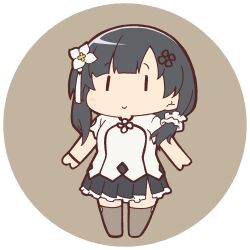  1girl arms_at_sides assault_lily black_hair black_skirt blunt_bangs border brown_background brown_thighhighs chibi closed_mouth commentary_request flower flower_knot frilled_skirt frills full_body hair_flower hair_ornament hair_over_shoulder hair_scrunchie light_blush long_hair looking_at_viewer lowres masaki_itsuki miniskirt no_shoes pleated_skirt round_border scrunchie shirt short_sleeves side_slit simple_background skirt solo standing tassel tassel_hair_ornament thigh-highs transparent_background wang_yujia white_flower white_scrunchie white_shirt wristband zettai_ryouiki |_| 