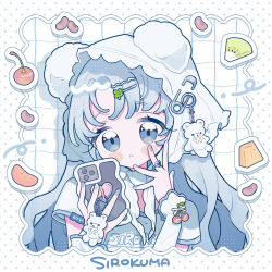  1girl blue_eyes blue_hair blue_nails blush_stickers cellphone closed_mouth commentary_request grid_background hair_ornament hairclip hat highres holding holding_phone jewelry long_hair nail_polish niyu_(nennenkorori3) original parallel_hairclips phone ring shirt short_sleeves smartphone solo upper_body white_background white_hat white_shirt 