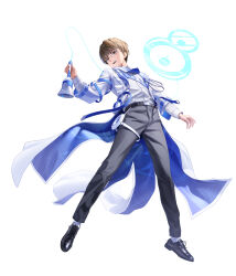  1boy bell belt black_pants black_shoes blue_halo brown_eyes brown_hair coat dress_shirt from_below full_body glasses halo handbell highres holding holding_bell manda_(luts7602) multicolored_coat open_mouth original pants shirt shoes short_hair socks strap two-tone_coat white_background white_coat white_shirt white_socks 