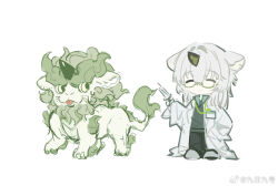  1boy 1other alternate_costume animal_ears arknights black_pants black_shirt blonde_hair chibi chibi_only chinese_commentary commentary_request creature full_body glasses green-framed_eyewear green_hair green_horns green_sash hand_on_table holding holding_syringe horns id_card jiuri_jiuhao lab_coat long_hair looking_at_viewer pants popped_collar record_keeper_(arknights) sash shirt sidelighting single_horn sketch smile syringe 