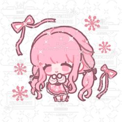  1girl absurdly_long_hair belt black_belt black_bow black_ribbon blunt_bangs blush_stickers bow bow_legwear chibi chinese_commentary closed_mouth commentary_request commission eyelashes frilled_skirt frilled_sleeves frills hair_bow hair_ribbon hands_on_own_chin happy highres hoop_skirt infinity_nikki long_hair long_sidelocks long_sleeves looking_at_viewer low_twintails medium_skirt nikki_(nikki) nikki_(series) perfect_start_(infinity_nikki) pink_bow pink_eyes pink_hair pink_ribbon pink_skirt print_skirt puffy_long_sleeves puffy_sleeves ribbon sample_watermark second-party_source shirt sidelocks simple_background skirt smile snowflake_print snowflakes socks solo standing tareme too_many_watermarks tress_ribbon twintails very_long_hair watermark watermark_grid wavy_hair white_background white_shirt white_socks wugege_qichuang 