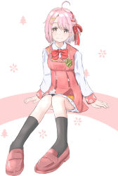  1girl black_thighhighs blush bow bowtie braid braided_bangs dress grey_eyes hair_ornament hair_ribbon hairclip hands_on_floor highres kano_(hanayori_jyoshiryou) long_sleeves on_floor orange-cats pink_floor_pattern pink_hair red_bow red_bowtie red_eyes red_ribbon red_vest ribbon school_emblem school_uniform shirt short_hair simple_background sitting smile soft solo thigh-highs vest virtual_youtuber white_background white_shirt x_hair_ornament 