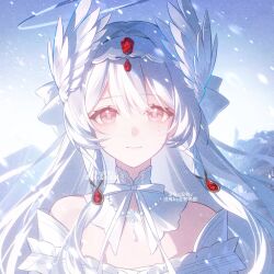  1girl artist_request bare_shoulders bow bowtie center-flap_bangs closed_mouth commission commissioner_insert detached_collar dress eyelashes feathered_wings gem hair_intakes hair_ornament hair_ribbon hairband halo hayami_momo_(hayamimomo) highres long_hair long_sidelocks mole mole_under_eye mountainous_horizon original outdoors pink_eyes portrait red_gem ribbon second-party_source sidelocks sky smile snowing solo straight-on tress_ribbon watermark watermark_grid white_bow white_bowtie white_dress white_hair white_hairband white_halo white_ribbon white_sky white_wings wing_hair_ornament wings 