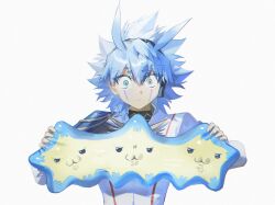  1boy alien_888 antenna_hair blue_hair coat constricted_pupils facial_mark facing_viewer green_eyes hair_slicked_back headphones highres holding holding_star holding_stuffed_toy holding_toy long_sleeves looking_at_object male_focus single_shoulder_pad spiky_hair star_(symbol) stuffed_toy surprised toy white_background white_coat yu-gi-oh! yu-gi-oh!_go_rush!! yudias_velgear 