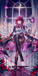  1girl absurdres artist_name asymmetrical_footwear black_boots black_cat black_jacket boots bug butterfly candle cat chinese_commentary commentary_request crossed_legs cup curtains drinking_glass english_commentary eyewear_on_head finger_to_mouth fire flower gloves hand_up head_tilt highres holding holding_cup honkai:_star_rail honkai_(series) jacket jewelry kafka_(honkai:_star_rail) long_hair long_sleeves looking_at_viewer mixed-language_commentary open_clothes open_jacket pantyhose petals purple_gloves purple_hair red_flower red_rose revision ring rose rose_petals sheya shirt signature single_thigh_boot sitting smile solo sunglasses thigh_boots violet_eyes white_shirt window wine_glass 