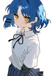  1girl absurdres blue_hair blue_skirt bocchi_the_rock! closed_mouth cowboy_shot from_side hair_ornament hairclip haru_(ririne9999rine) high_collar highres looking_at_viewer parallel_hairclips pleated_skirt shirt short_hair short_sleeves simple_background skirt solo white_background white_shirt yamada_ryo yellow_eyes 