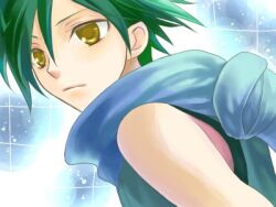  1boy bare_arms bare_shoulders commentary_request fire_emblem fire_emblem:_radiant_dawn green_hair grey_scarf kiyuu looking_to_the_side lowres messy_hair scarf short_hair sky solo sothe_(fire_emblem) star_(sky) starry_sky upper_body yellow_eyes 