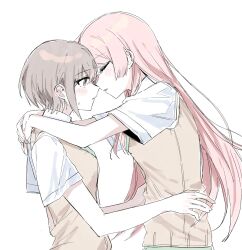  2girls arms_around_neck bang_dream! bang_dream!_it's_mygo!!!!! blush brown_sweater_vest chihaya_anon closed_eyes commentary grey_hair hand_on_another's_waist haneoka_school_uniform highres long_hair multiple_girls parted_lips pink_eyes pink_hair school_uniform shirt short_hair simple_background suudori sweatdrop sweater_vest takamatsu_tomori white_background white_shirt yuri 