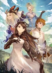  2boys 3girls absurdres agnes_oblige ahoge airy_(bravely_default) backless_dress backless_outfit bare_shoulders black_boots black_bow black_capelet black_gloves black_sleeves black_trim blade_of_grass blonde_hair blue_jacket blue_sky blunt_bangs boots bow bravely_default:_flying_fairy bravely_default_(series) breasts brown_eyes brown_hair building capelet clouds collarbone dress edea_lee elbow_gloves fairy fairy_wings flying fur-trimmed_dress fur-trimmed_jacket fur_trim gloves hair_bow hand_on_own_chest hand_on_own_hip highres jacket jewelry long_hair looking_at_another looking_to_the_side looking_up medium_breasts microdress mini_person minigirl multiple_boys multiple_girls one_eye_closed open_mouth outdoors outstretched_arm pendant pointing pompadour red_bow red_tunic ringabel shirt sky sleeveless sleeveless_dress smile strapless strapless_dress teaz917 teeth thigh_boots tiz_arrior tunic two-tone_bow white_dress white_hair white_shirt wings 