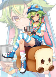  1girl asymmetrical_legwear bandaid bandaid_on_cheek bandaid_on_face bandaid_on_knee bandaid_on_leg black_choker black_gloves black_shorts blue_hat blue_shoes blue_sweater_vest blue_thighhighs brown_eyes choker closed_mouth commentary crossed_legs cup english_commentary fingerless_gloves full_body gloves green_hair hat holding holding_cup indie_virtual_youtuber looking_at_viewer mauve mismatched_legwear neckerchief newsboy_cap pink_neckerchief ryeisbread sailor_collar shirt shoes short_shorts short_sleeves shorts single_sock single_thighhigh sitting socks solo striped_clothes striped_thighhighs sweater_vest thigh-highs white_shirt white_socks yellow_sailor_collar zoom_layer 